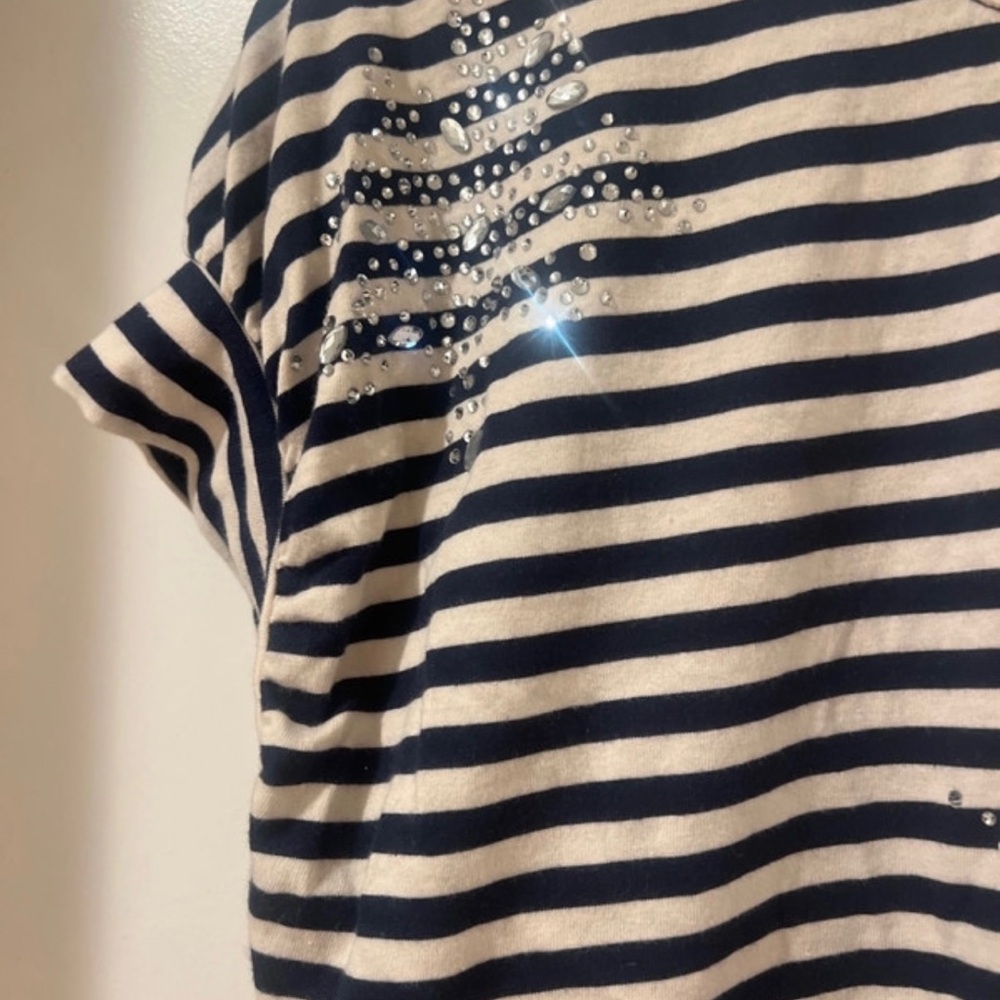 No Boundaries Navy and Cream Striped Short Sleeve Top with Rhinestone Accent